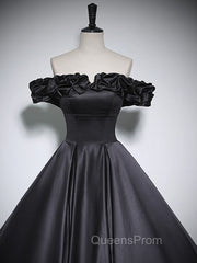 Black Off Shoulder Satin Long Evening Prom Dress, Black Satin Evening Dress