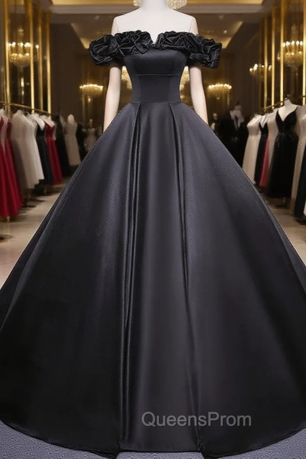 Black Off Shoulder Satin Long Evening Prom Dress, Black Satin Evening Dress Main image