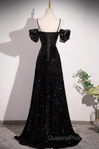 Black Off Shoulder Sequin Long Evening Prom Dress Evening Dress With Bow Knot