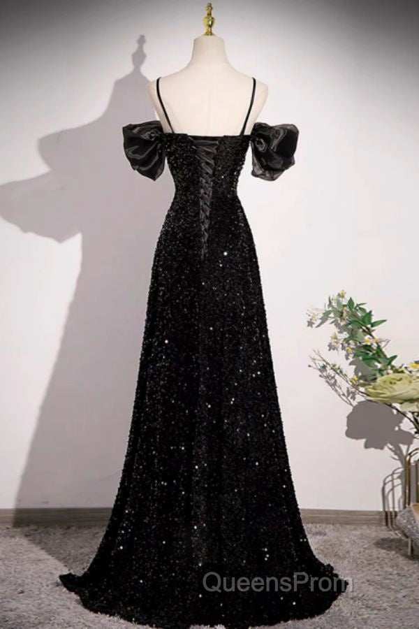 Black Off Shoulder Sequin Long Evening Prom Dress Evening Dress With Bow Knot