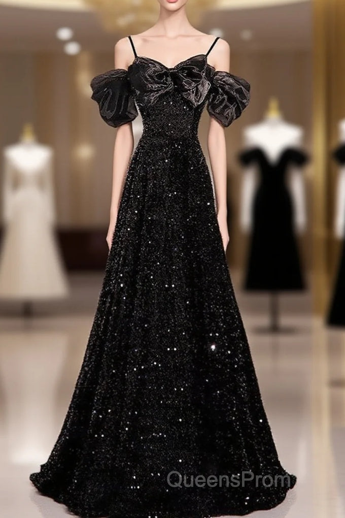 Black Off Shoulder Sequin Long Evening Prom Dress Evening Dress With Bow Knot Main image