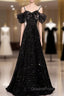 Black Off Shoulder Sequin Long Evening Prom Dress Evening Dress With Bow Knot