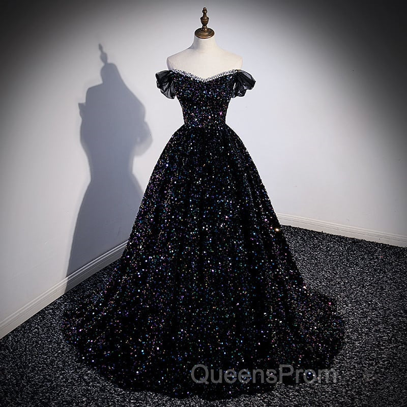 Black Off Shoulder Shiny Beaded Long Evening Prom Dress A-line Black Evening Dress Evening Prom Dress shops Secondary image