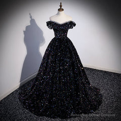 Black Off Shoulder Shiny Beaded Long Prom Dress A-line Black Evening Dress prom dresses shops
