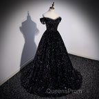 Black Off Shoulder Shiny Beaded Long Evening Prom Dress A-line Black Evening Dress Evening Prom Dress shops