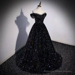 Black Off Shoulder Shiny Beaded Long Prom Dress A-line Black Evening Dress prom dresses shops