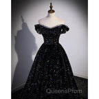 Black Off Shoulder Shiny Beaded Long Evening Prom Dress A-line Black Evening Dress Evening Prom Dress shops
