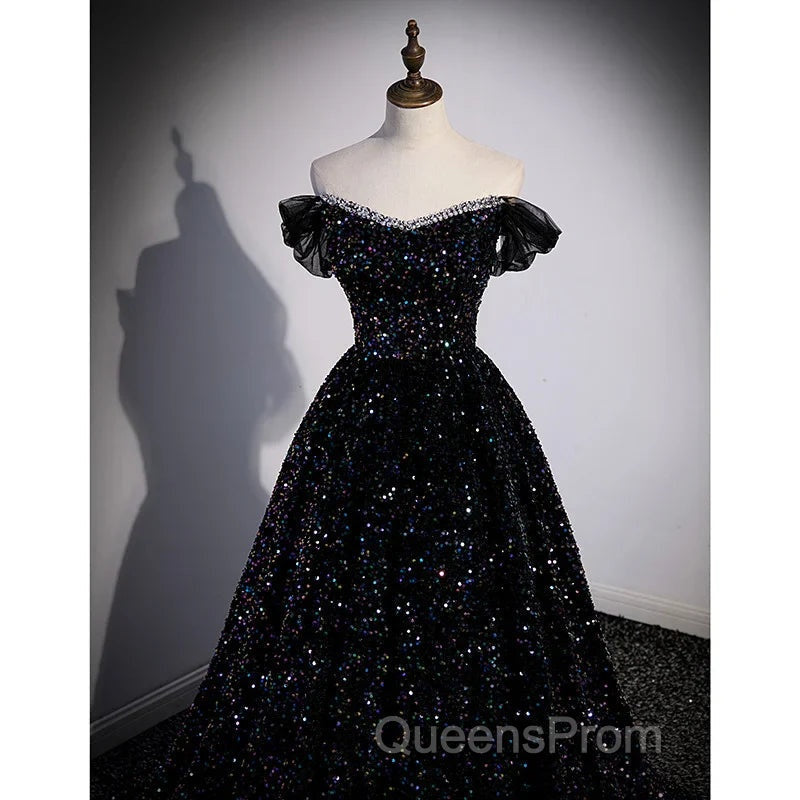 Black Off Shoulder Shiny Beaded Long Evening Prom Dress A-line Black Evening Dress Evening Prom Dress shops