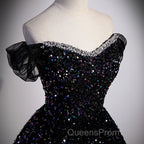Black Off Shoulder Shiny Beaded Long Evening Prom Dress A-line Black Evening Dress Evening Prom Dress shops