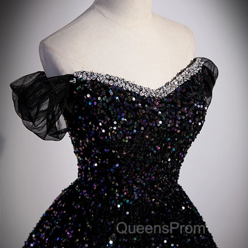 Black Off Shoulder Shiny Beaded Long Evening Prom Dress A-line Black Evening Dress Evening Prom Dress shops