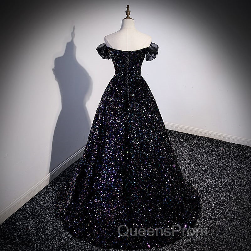 Black Off Shoulder Shiny Beaded Long Evening Prom Dress A-line Black Evening Dress Evening Prom Dress shops