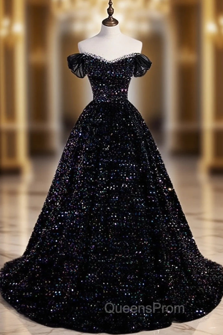 Black Off Shoulder Shiny Beaded Long Evening Prom Dress A-line Black Evening Dress Evening Prom Dress shops Main image