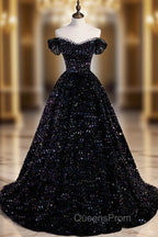 Black Off Shoulder Shiny Beaded Long Evening Prom Dress A-line Black Evening Dress Evening Prom Dress shops