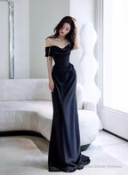 Black Off Shoulder Soft Satin Floor Length Party Dress, Black Satin Evening Dress