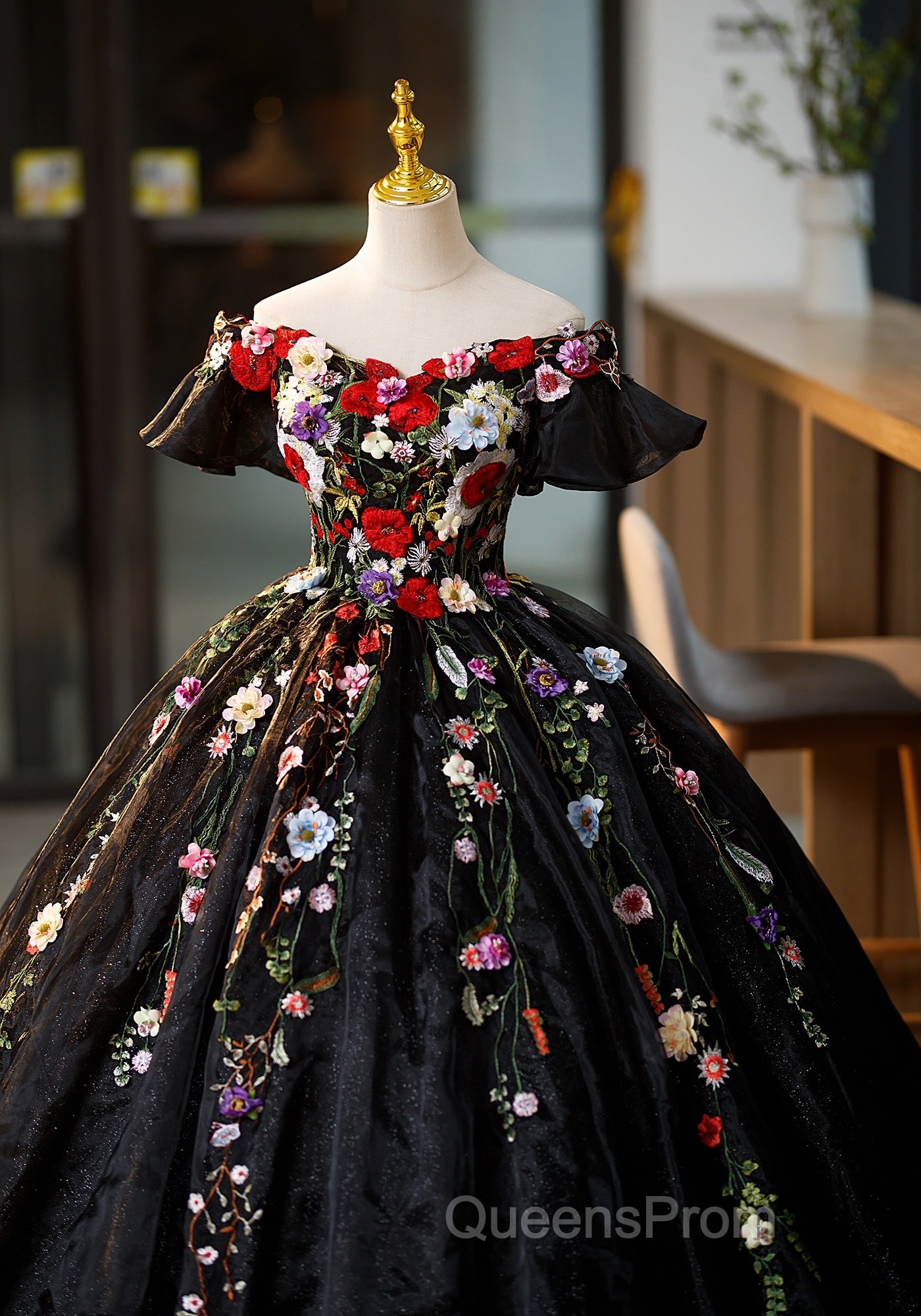 Black Off Shoulder Sweet 16 Dress With Flowers, Black Ball Gown Formal Dress Secondary image