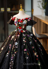 Black Off Shoulder Sweet 16 Dress With Flowers, Black Ball Gown Formal Dress