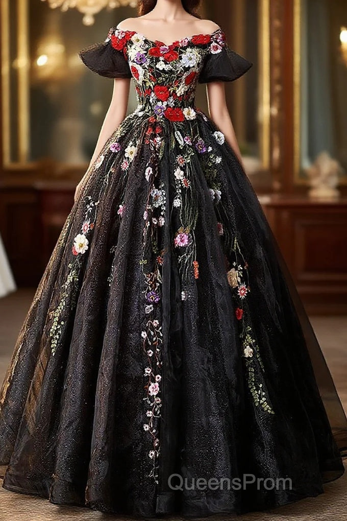 Black Off Shoulder Sweet 16 Dress With Flowers, Black Ball Gown Formal Dress Main image