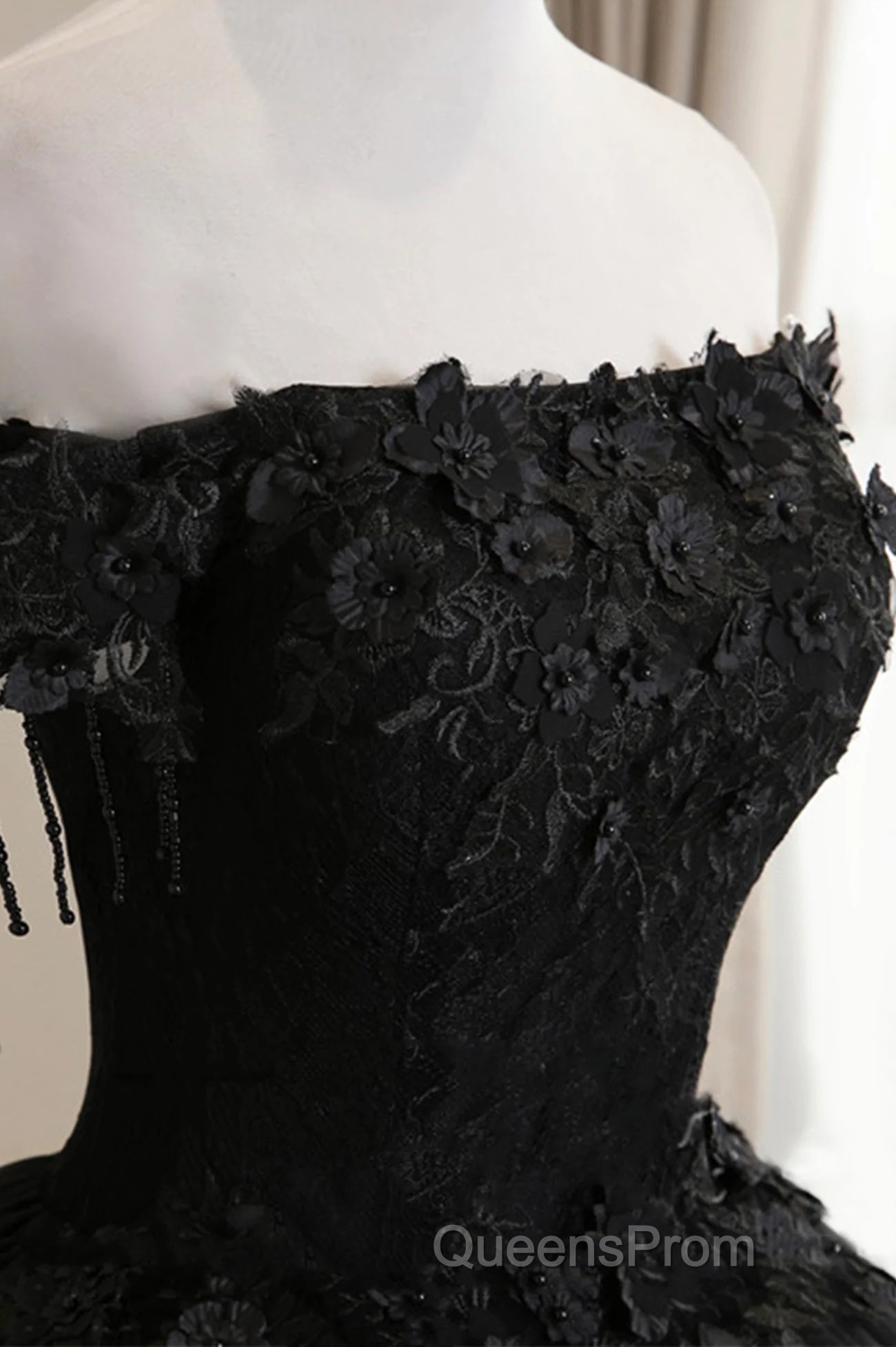Black Off Shoulder Sweet 16 Formal Dress With Lace, Black Long Evening Prom Dress Secondary image