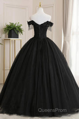 Black Off Shoulder Sweet 16 Formal Dress With Lace, Black Long Evening Prom Dress