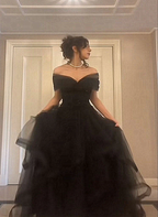 Black Off Shoulder Sweetheart Tulle Classy Prom Dress, Black Tulle A-Line Party Dress