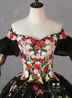 Black Off Shoulder Tulle Ball Gown Sweet 16 Dress, Black Floral Evening Prom Dress Party Dress