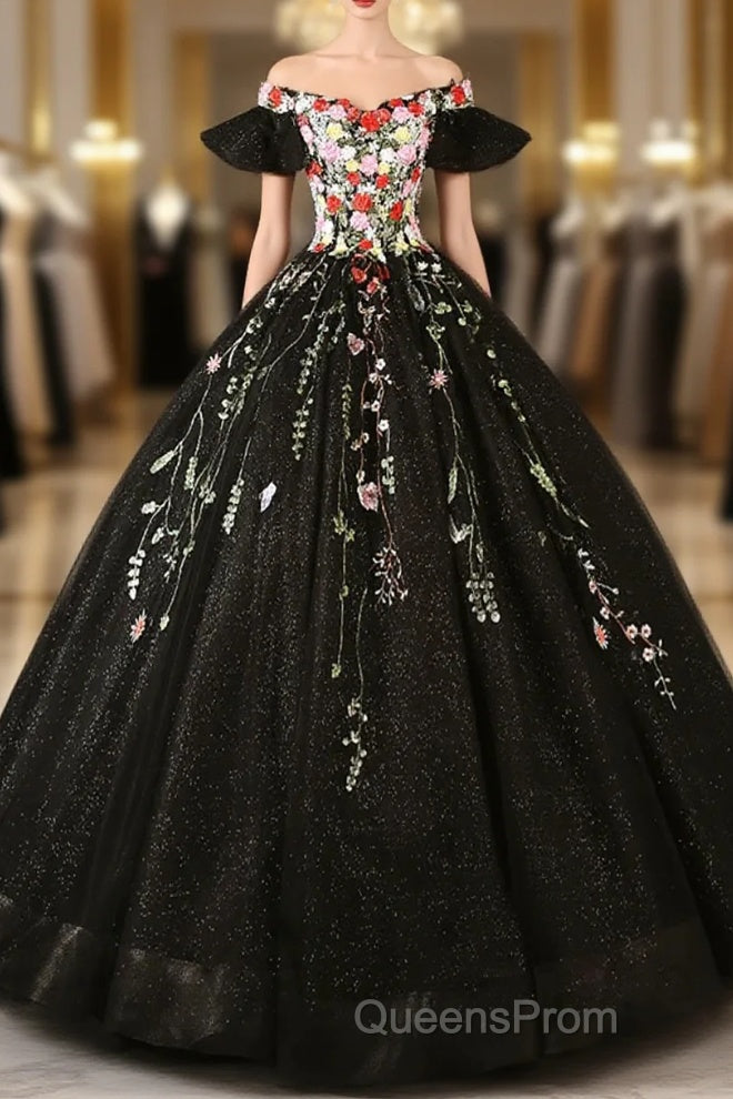 Black Off Shoulder Tulle Ball Gown Sweet 16 Dress, Black Floral Evening Prom Dress Party Dress Main image