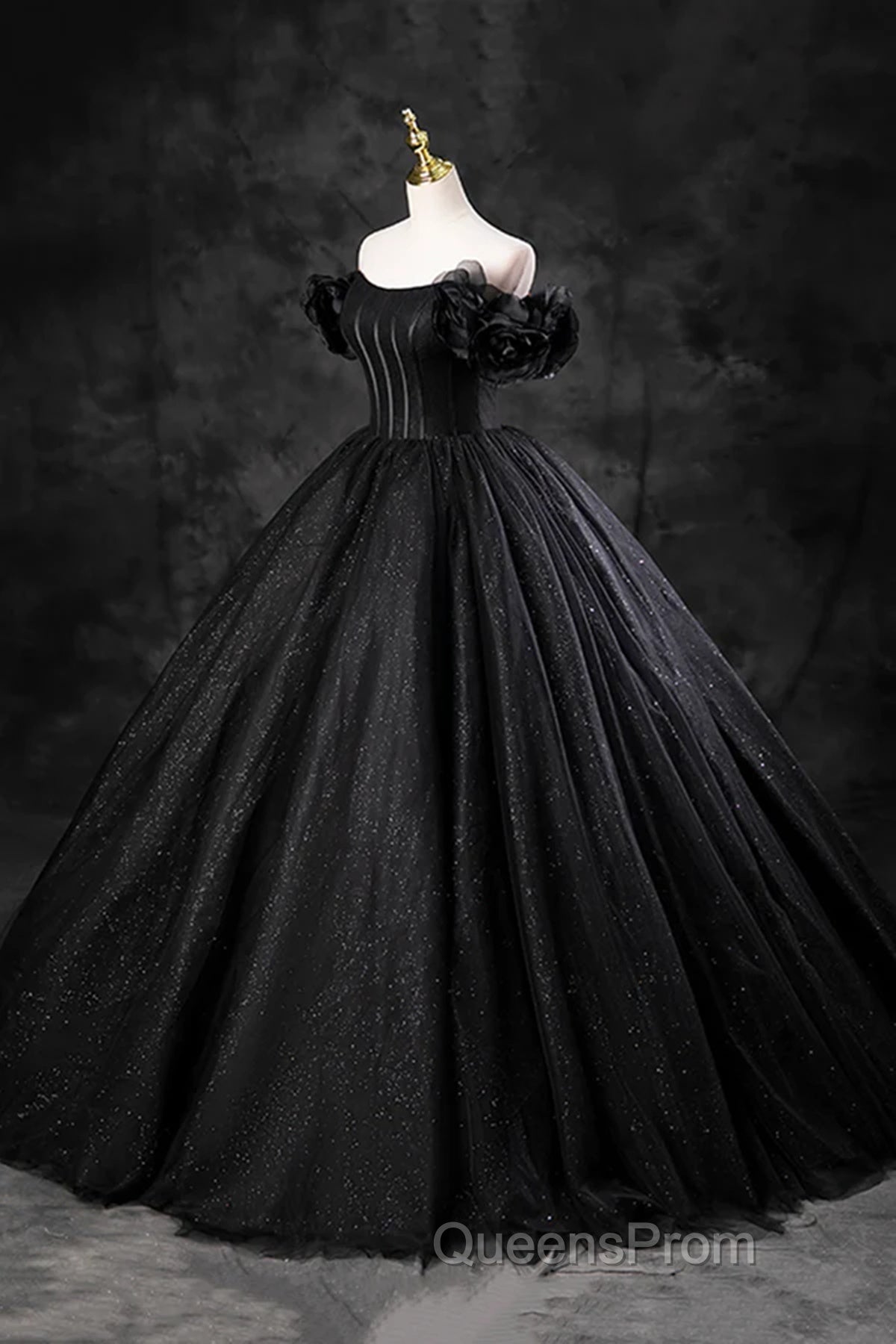 Black Off Shoulder Tulle Lace-Up Sweet 16 Dress, Black Long Party Dress Evening Prom Dress Secondary image