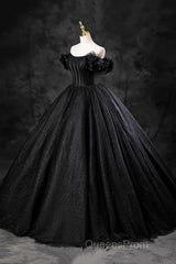 Black Off Shoulder Tulle Lace-Up Sweet 16 Dress, Black Long Party Dress Evening Prom Dress