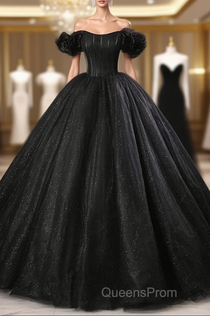 Black Off Shoulder Tulle Lace-Up Sweet 16 Dress, Black Long Party Dress Evening Prom Dress Main image