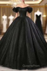 Black Off Shoulder Tulle Lace-Up Sweet 16 Dress, Black Long Party Dress Evening Prom Dress