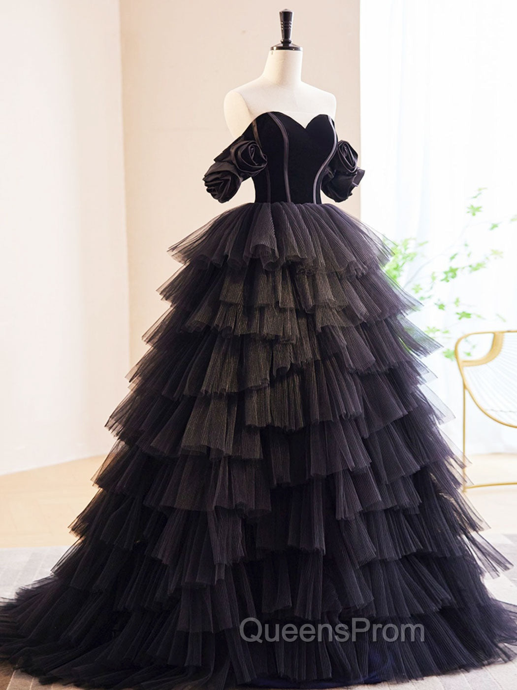 Black Off Shoulder Tulle Long Evening Prom Dress, Black Evening Dress Secondary image