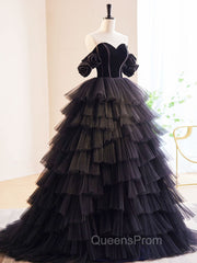 Black Off Shoulder Tulle Long Evening Prom Dress, Black Evening Dress