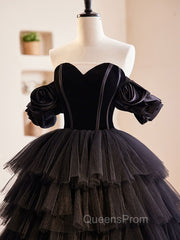 Black Off Shoulder Tulle Long Evening Prom Dress, Black Evening Dress