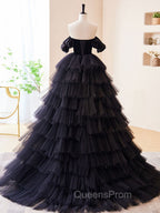 Black Off Shoulder Tulle Long Evening Prom Dress, Black Evening Dress