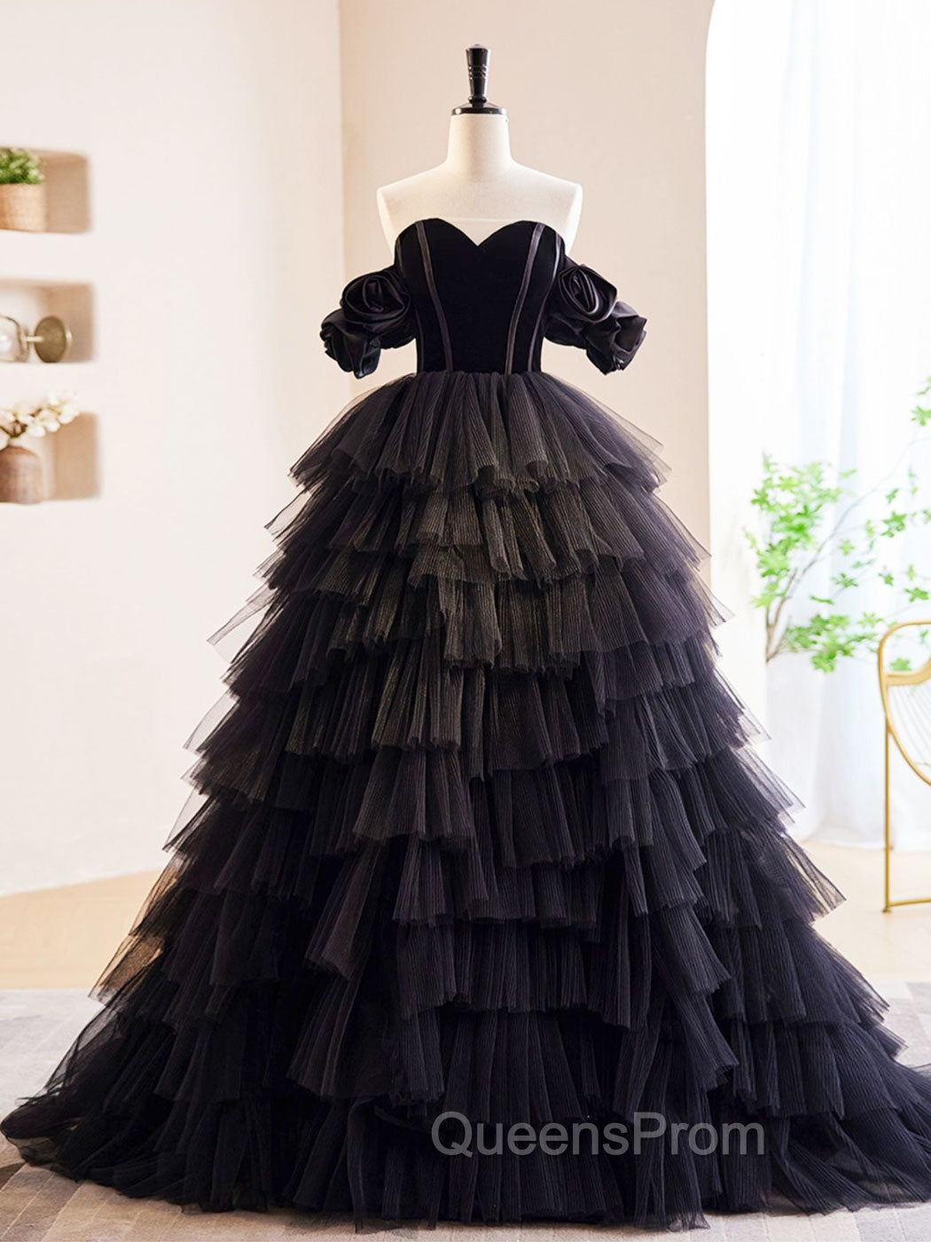 Black Off Shoulder Tulle Long Evening Prom Dress, Black Evening Dress Main image