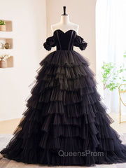 Black Off Shoulder Tulle Long Evening Prom Dress, Black Evening Dress
