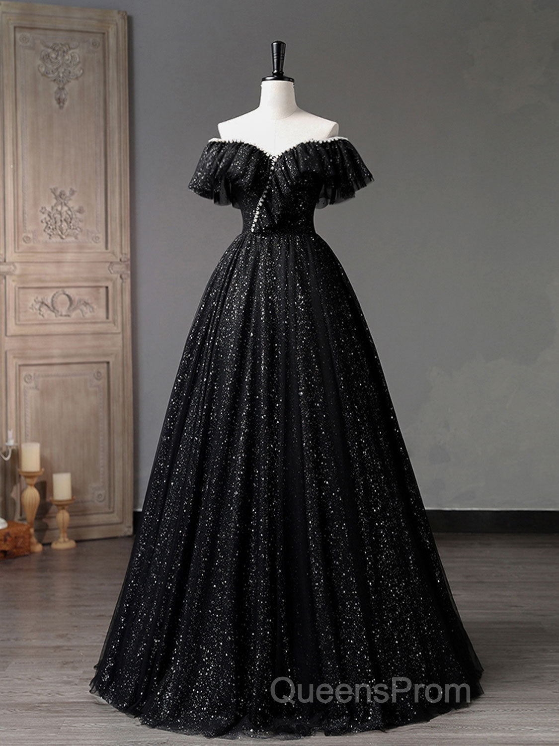 Black Off Shoulder Tulle Long Evening Prom Dress, Black Formal Evening Dress Secondary image