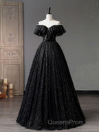 Black Off Shoulder Tulle Long Evening Prom Dress, Black Formal Evening Dress