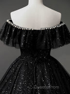 Black Off Shoulder Tulle Long Evening Prom Dress, Black Formal Evening Dress