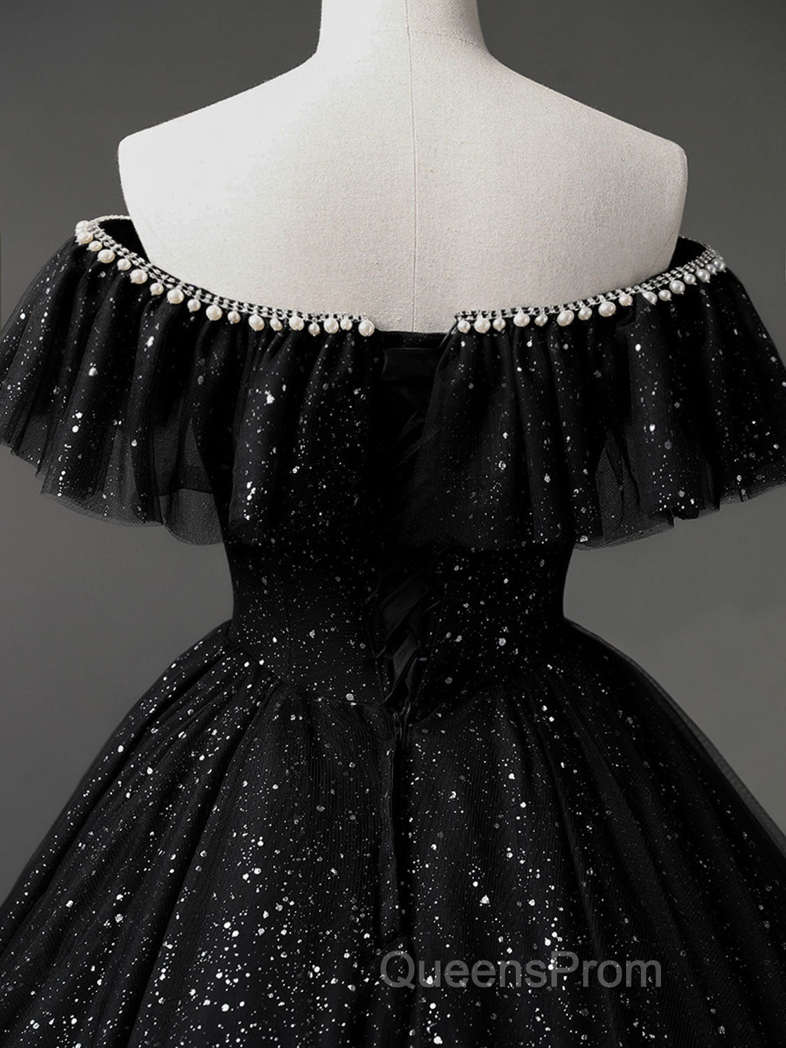 Black Off Shoulder Tulle Long Evening Prom Dress, Black Formal Evening Dress