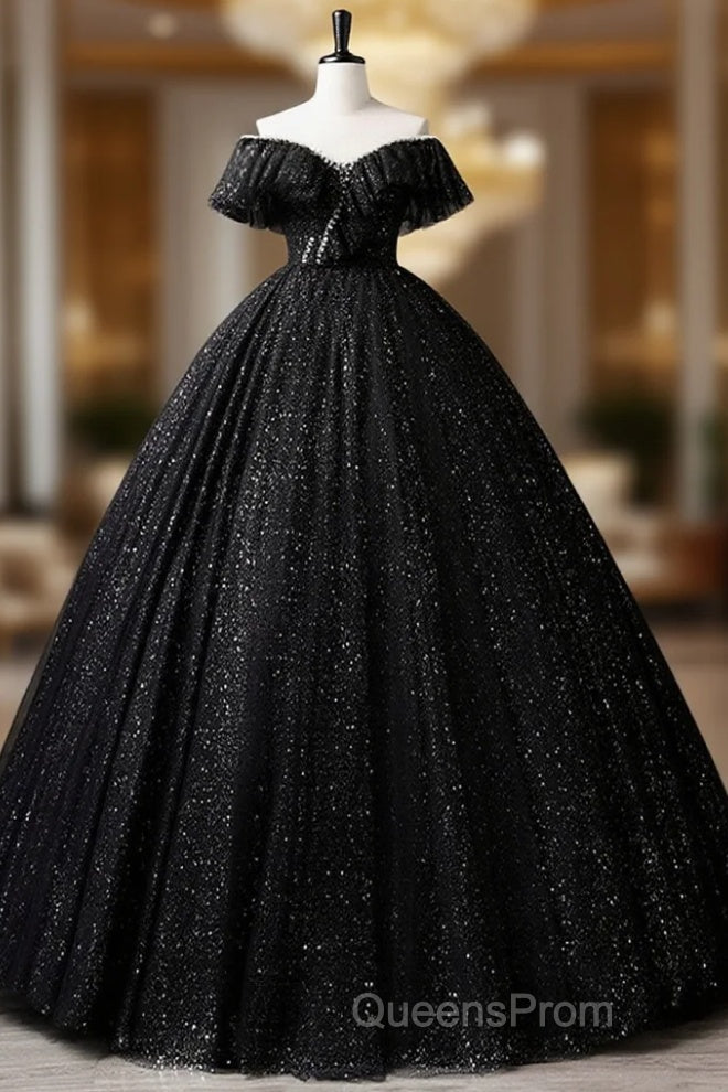 Black Off Shoulder Tulle Long Evening Prom Dress, Black Formal Evening Dress Main image