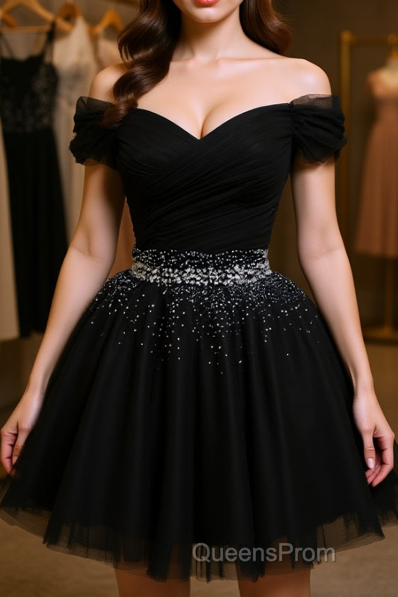 Black Off Shoulder Tulle Sequin Short Evening Prom Dress, Black Homecoming Dress Main image