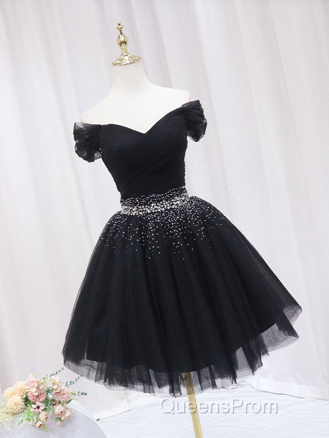 Black Off Shoulder Tulle Sequin Short Evening Prom Dress, Black Homecoming Dress Secondary image
