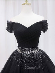 Black Off Shoulder Tulle Sequin Short Evening Prom Dress, Black Homecoming Dress