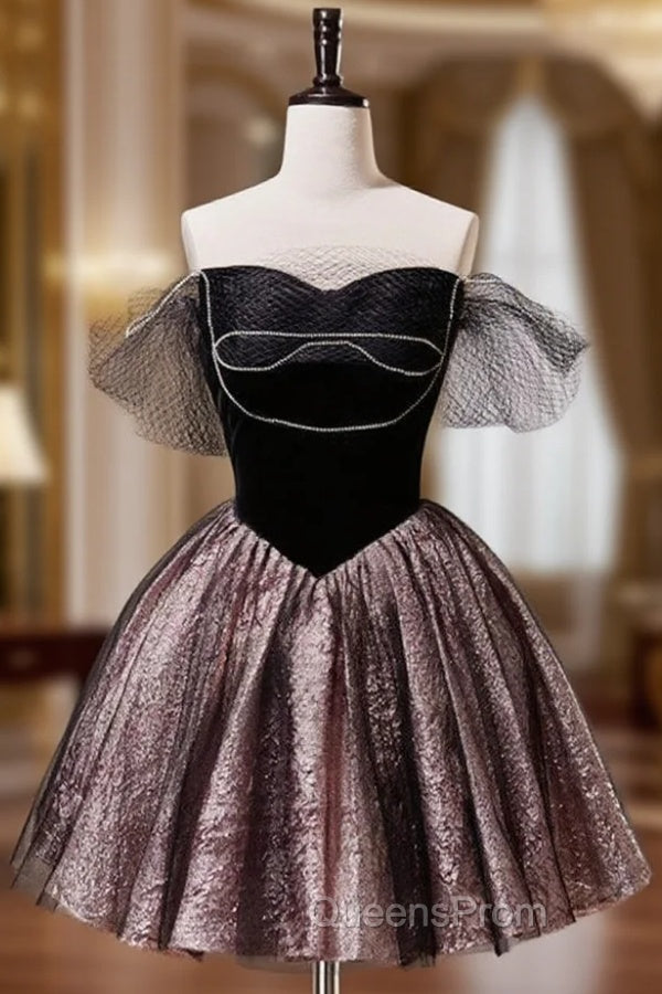 Black Off Shoulder Tulle Short Evening Prom Dress, Black Homecoming Dress Main image