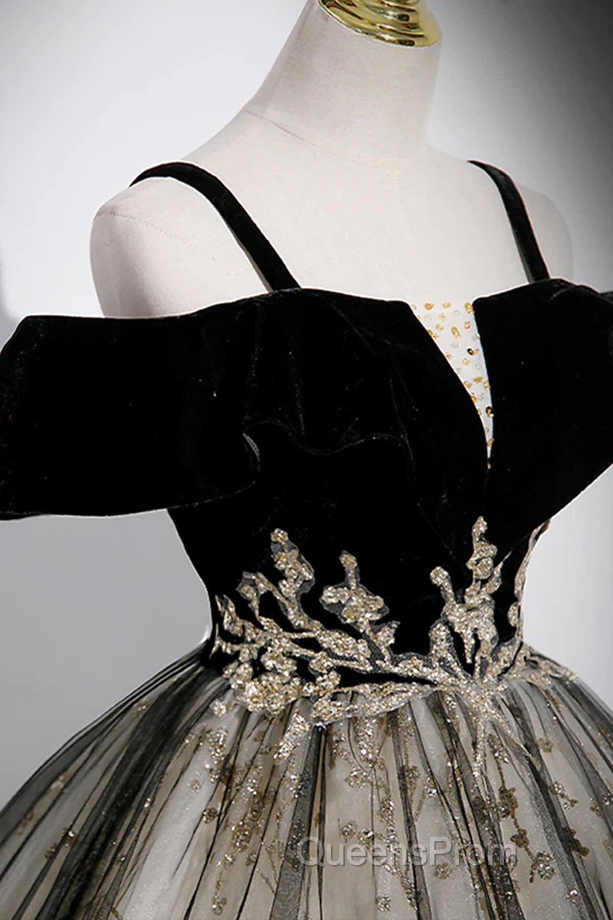 Black Off Shoulder Tulle With Lace Long Formal Dress, Black Sweet 16 Dress Secondary image