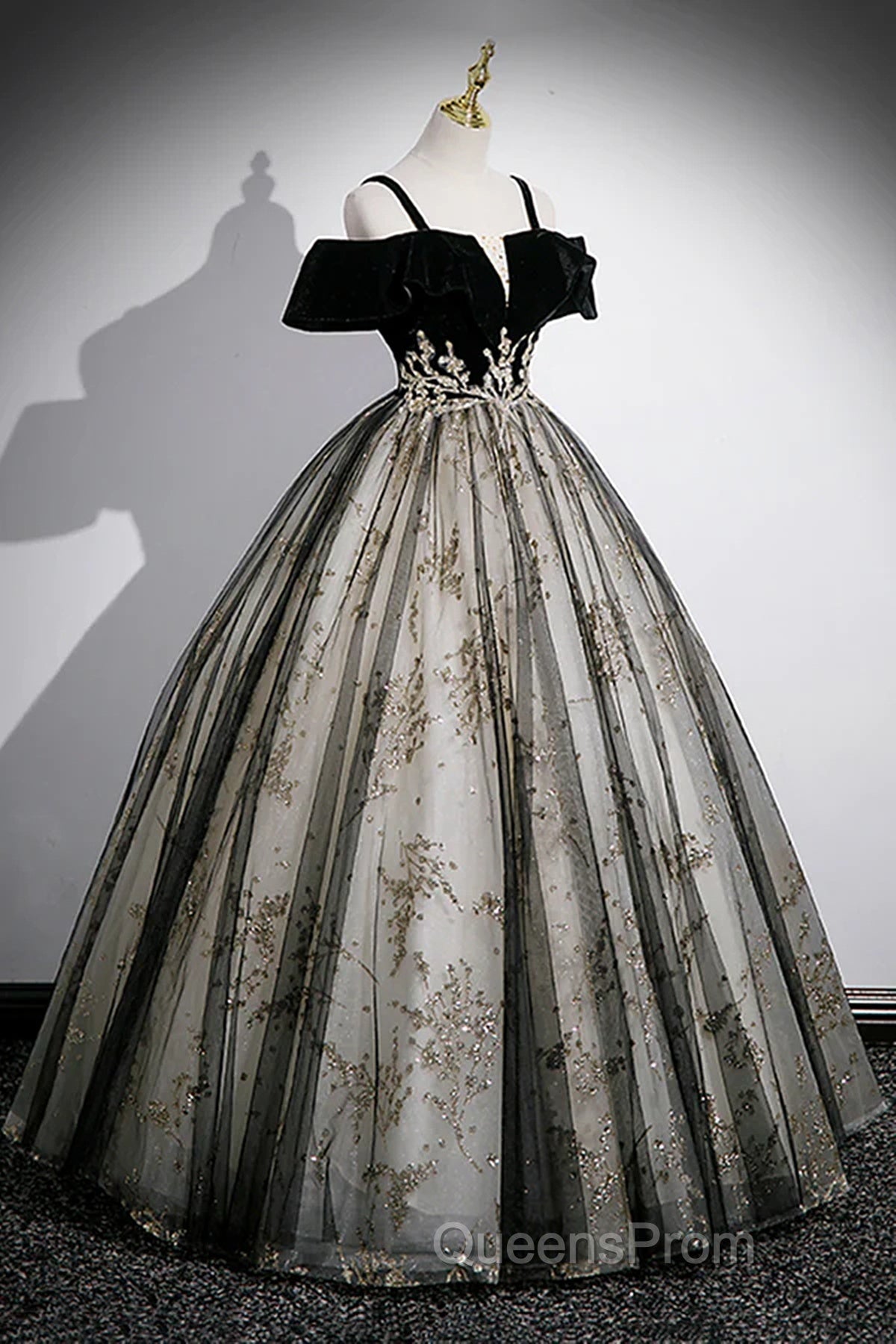 Black Off Shoulder Tulle With Lace Long Formal Dress, Black Sweet 16 Dress