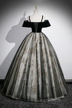 Black Off Shoulder Tulle With Lace Long Formal Dress, Black Sweet 16 Dress