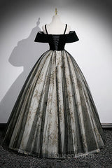 Black Off Shoulder Tulle With Lace Long Formal Dress, Black Sweet 16 Dress