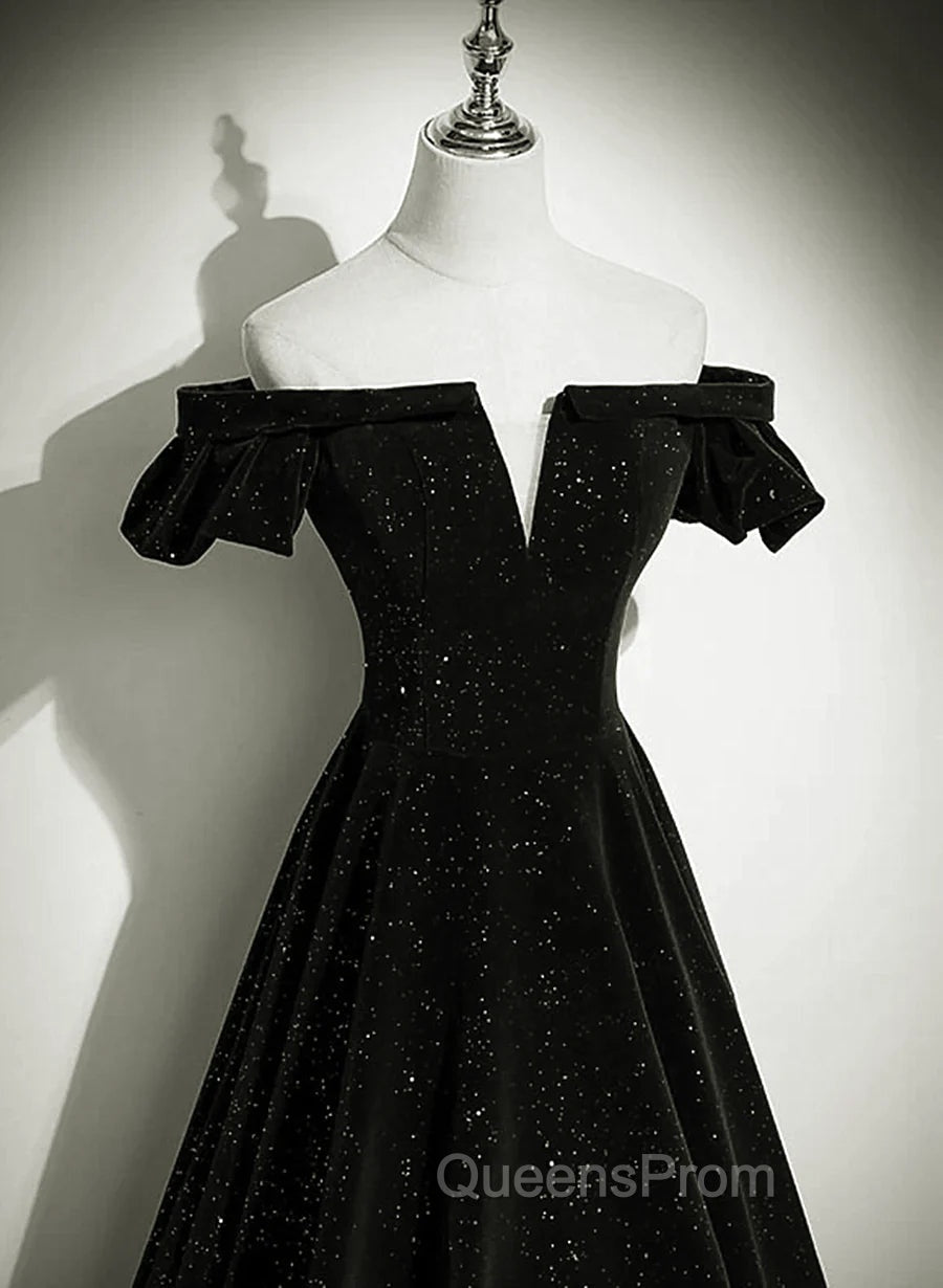 Black Off Shoulder Velvet Long Party Dress Evening Prom Dress, Black Simple Evening Dress Secondary image
